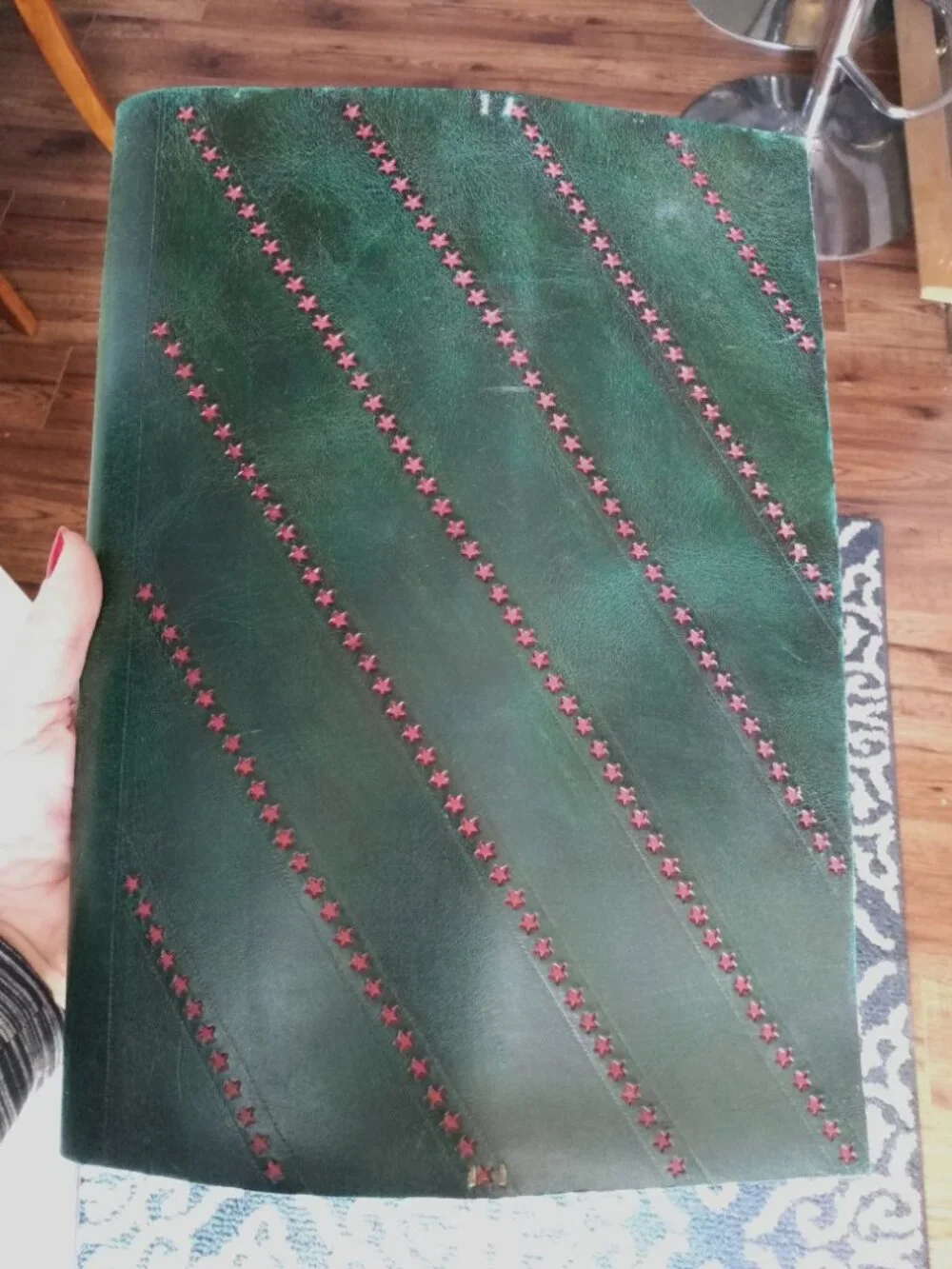 Vintage Leather Book Cover NAGY NORA Green Red Stars Handmade - Picture 11 of 16
